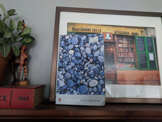 Woolf's book in front of a picture of lots of books